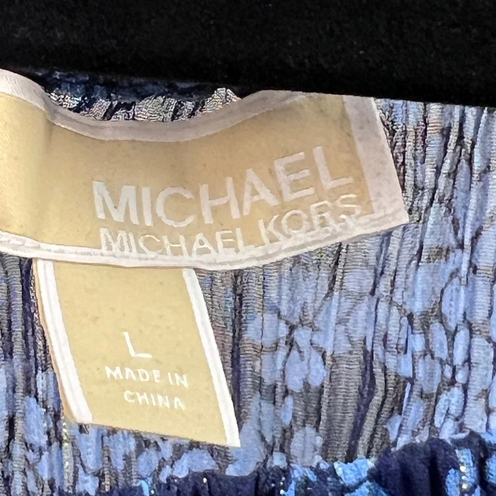Michael Kors Navy Blue Floral Off Shoulder Sheer Pleated Metallic Blouse Large